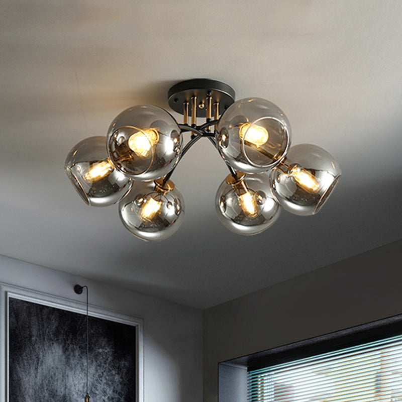6 Heads Hotel Semi Flush Mount Vintage Black Ceiling Lighting with Orb Smoke/Clear Glass Shade Clearhalo 'Ceiling Lights' 'Close To Ceiling Lights' 'Close to ceiling' 'Glass shade' 'Glass' 'Pendant Lights' 'Semi-flushmount' Lighting' 1454853