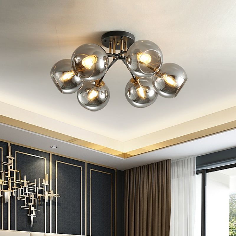 6 Heads Hotel Semi Flush Mount Vintage Black Ceiling Lighting with Orb Smoke/Clear Glass Shade Clearhalo 'Ceiling Lights' 'Close To Ceiling Lights' 'Close to ceiling' 'Glass shade' 'Glass' 'Pendant Lights' 'Semi-flushmount' Lighting' 1454854