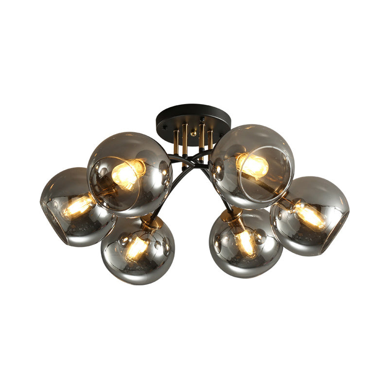6 Heads Hotel Semi Flush Mount Vintage Black Ceiling Lighting with Orb Smoke/Clear Glass Shade Clearhalo 'Ceiling Lights' 'Close To Ceiling Lights' 'Close to ceiling' 'Glass shade' 'Glass' 'Pendant Lights' 'Semi-flushmount' Lighting' 1454855
