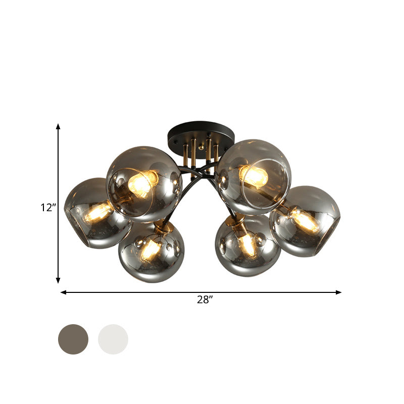 6 Heads Hotel Semi Flush Mount Vintage Black Ceiling Lighting with Orb Smoke/Clear Glass Shade Clearhalo 'Ceiling Lights' 'Close To Ceiling Lights' 'Close to ceiling' 'Glass shade' 'Glass' 'Pendant Lights' 'Semi-flushmount' Lighting' 1454856
