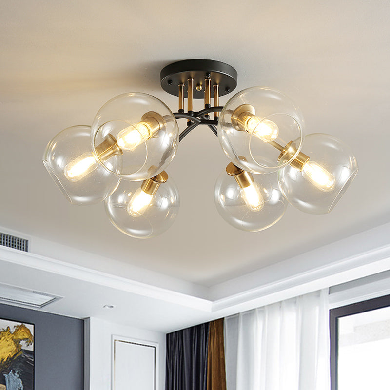 6 Heads Hotel Semi Flush Mount Vintage Black Ceiling Lighting with Orb Smoke/Clear Glass Shade Clear Clearhalo 'Ceiling Lights' 'Close To Ceiling Lights' 'Close to ceiling' 'Glass shade' 'Glass' 'Pendant Lights' 'Semi-flushmount' Lighting' 1454857