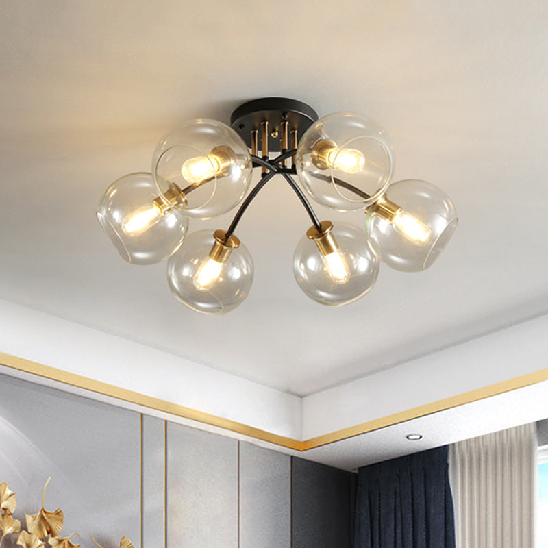 6 Heads Hotel Semi Flush Mount Vintage Black Ceiling Lighting with Orb Smoke/Clear Glass Shade Clearhalo 'Ceiling Lights' 'Close To Ceiling Lights' 'Close to ceiling' 'Glass shade' 'Glass' 'Pendant Lights' 'Semi-flushmount' Lighting' 1454858