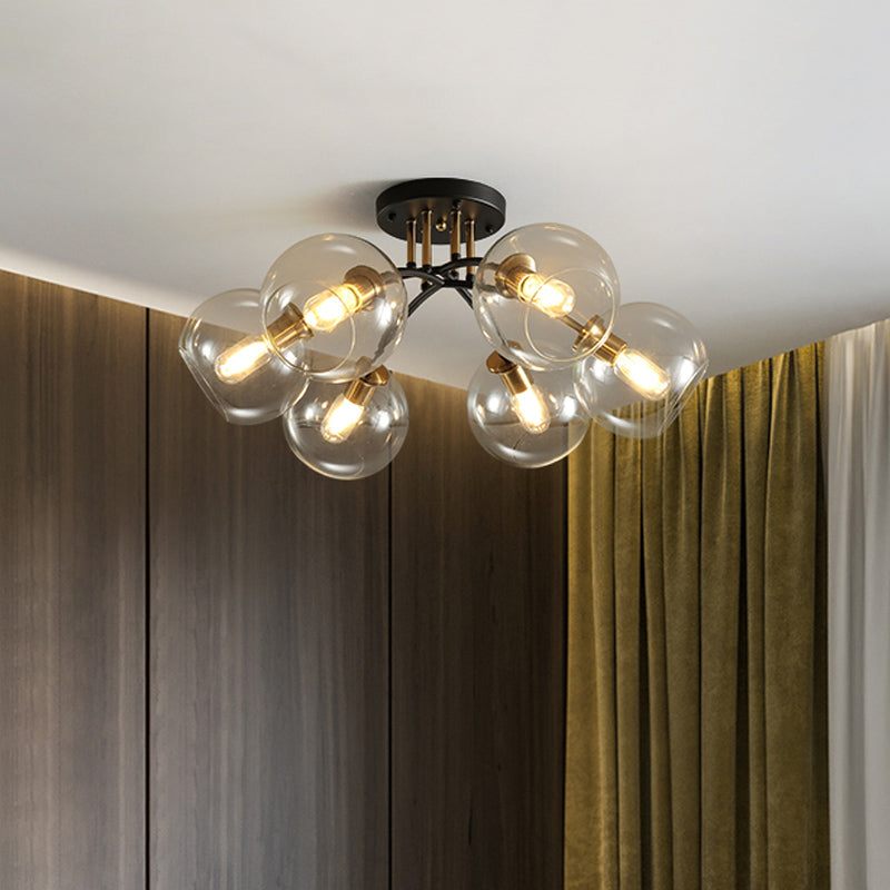 6 Heads Hotel Semi Flush Mount Vintage Black Ceiling Lighting with Orb Smoke/Clear Glass Shade Clearhalo 'Ceiling Lights' 'Close To Ceiling Lights' 'Close to ceiling' 'Glass shade' 'Glass' 'Pendant Lights' 'Semi-flushmount' Lighting' 1454859