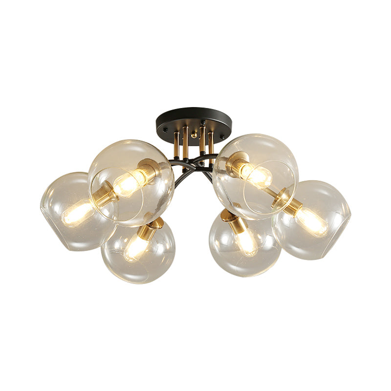 6 Heads Hotel Semi Flush Mount Vintage Black Ceiling Lighting with Orb Smoke/Clear Glass Shade Clearhalo 'Ceiling Lights' 'Close To Ceiling Lights' 'Close to ceiling' 'Glass shade' 'Glass' 'Pendant Lights' 'Semi-flushmount' Lighting' 1454860