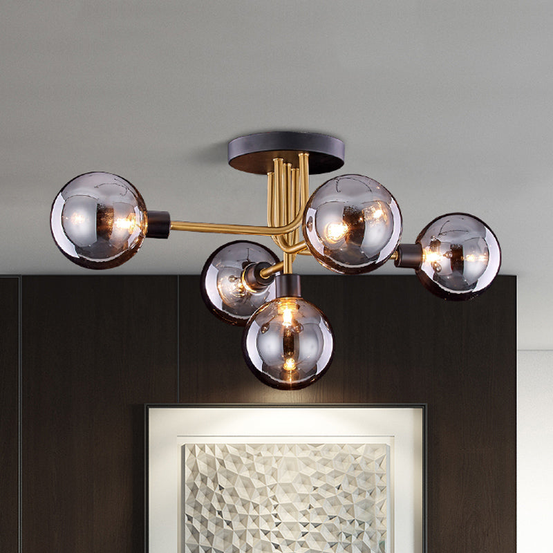 Branching Kitchen Ceiling Fixture Smoke Closed Glass 5 Bulbs Retro Style Semi Flush Mount Light in Brass Smoke Gray Clearhalo 'Ceiling Lights' 'Close To Ceiling Lights' 'Close to ceiling' 'Glass shade' 'Glass' 'Pendant Lights' 'Semi-flushmount' Lighting' 1454861