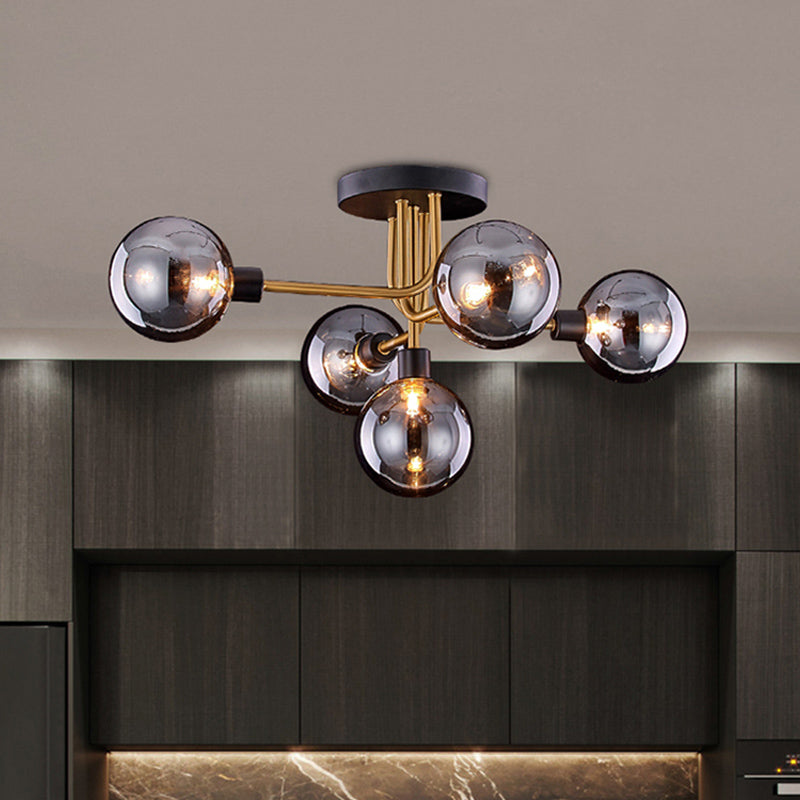 Branching Kitchen Ceiling Fixture Smoke Closed Glass 5 Bulbs Retro Style Semi Flush Mount Light in Brass Clearhalo 'Ceiling Lights' 'Close To Ceiling Lights' 'Close to ceiling' 'Glass shade' 'Glass' 'Pendant Lights' 'Semi-flushmount' Lighting' 1454862