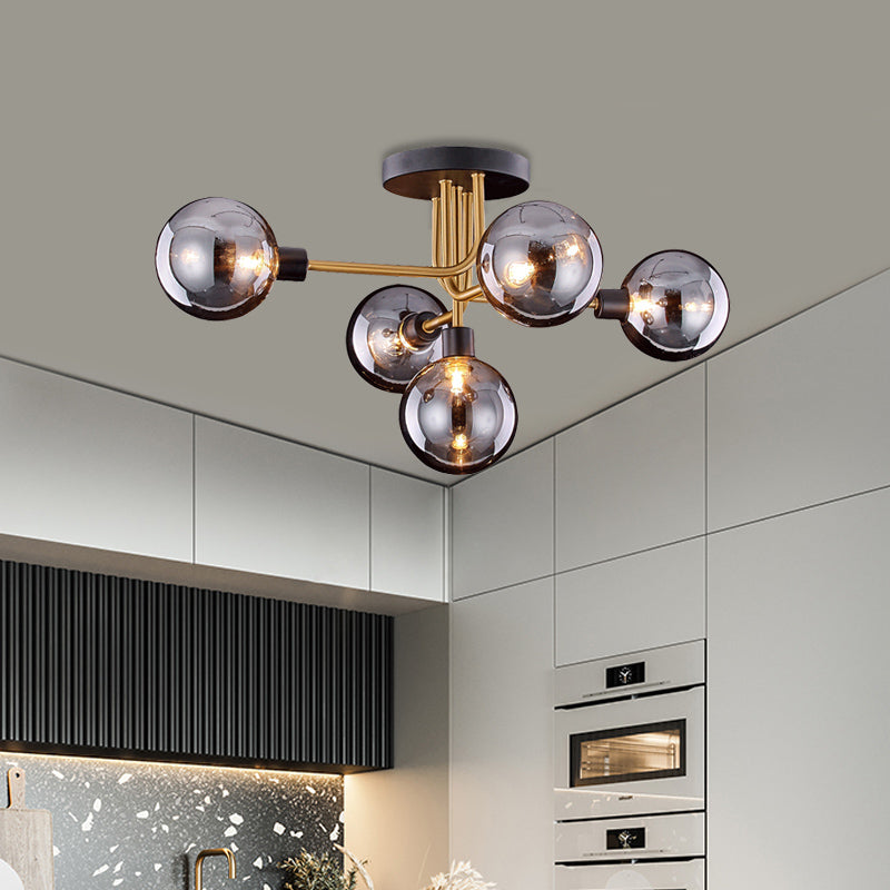Branching Kitchen Ceiling Fixture Smoke Closed Glass 5 Bulbs Retro Style Semi Flush Mount Light in Brass Clearhalo 'Ceiling Lights' 'Close To Ceiling Lights' 'Close to ceiling' 'Glass shade' 'Glass' 'Pendant Lights' 'Semi-flushmount' Lighting' 1454863