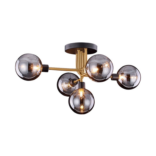 Branching Kitchen Ceiling Fixture Smoke Closed Glass 5 Bulbs Retro Style Semi Flush Mount Light in Brass Clearhalo 'Ceiling Lights' 'Close To Ceiling Lights' 'Close to ceiling' 'Glass shade' 'Glass' 'Pendant Lights' 'Semi-flushmount' Lighting' 1454864
