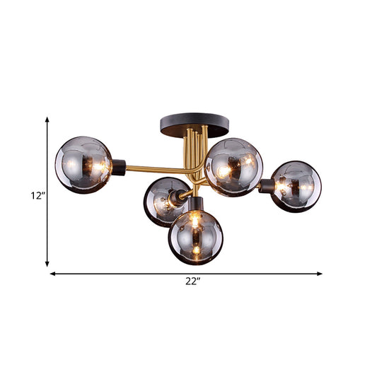 Branching Kitchen Ceiling Fixture Smoke Closed Glass 5 Bulbs Retro Style Semi Flush Mount Light in Brass Clearhalo 'Ceiling Lights' 'Close To Ceiling Lights' 'Close to ceiling' 'Glass shade' 'Glass' 'Pendant Lights' 'Semi-flushmount' Lighting' 1454865