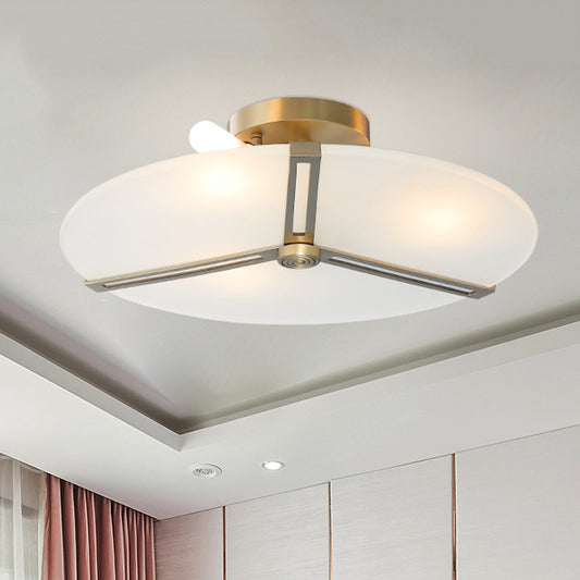 Retro Plate Frosted Glass Semi Flush 3 Bulbs Ceiling Mount Chandelier with Brass Band Brass Clearhalo 'Ceiling Lights' 'Close To Ceiling Lights' 'Close to ceiling' 'Glass shade' 'Glass' 'Pendant Lights' 'Semi-flushmount' Lighting' 1454876