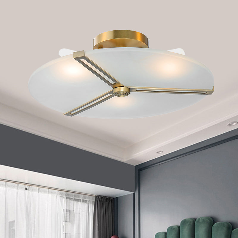 Retro Plate Frosted Glass Semi Flush 3 Bulbs Ceiling Mount Chandelier with Brass Band Clearhalo 'Ceiling Lights' 'Close To Ceiling Lights' 'Close to ceiling' 'Glass shade' 'Glass' 'Pendant Lights' 'Semi-flushmount' Lighting' 1454877