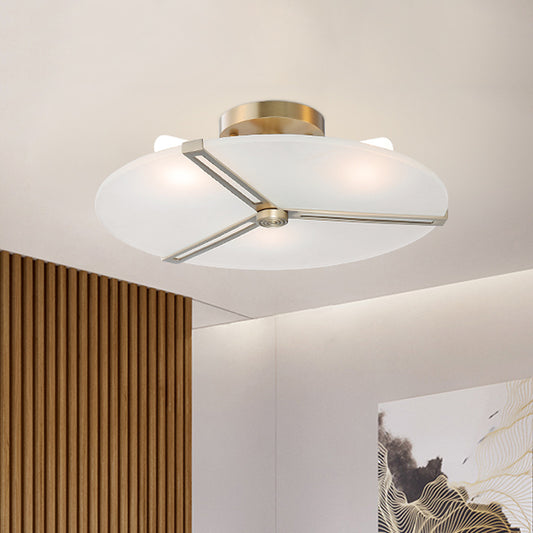 Retro Plate Frosted Glass Semi Flush 3 Bulbs Ceiling Mount Chandelier with Brass Band Clearhalo 'Ceiling Lights' 'Close To Ceiling Lights' 'Close to ceiling' 'Glass shade' 'Glass' 'Pendant Lights' 'Semi-flushmount' Lighting' 1454878