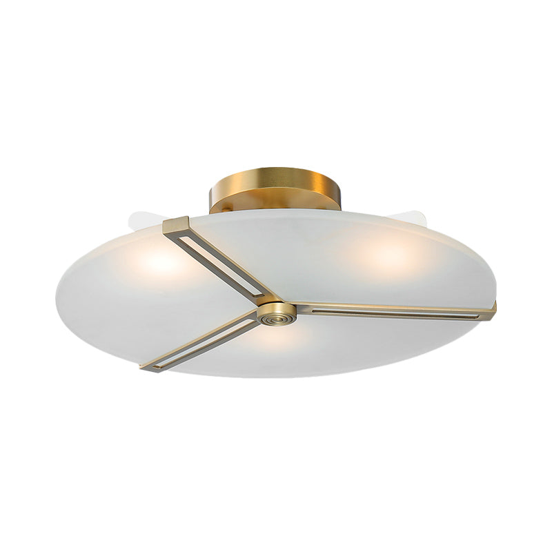Retro Plate Frosted Glass Semi Flush 3 Bulbs Ceiling Mount Chandelier with Brass Band Clearhalo 'Ceiling Lights' 'Close To Ceiling Lights' 'Close to ceiling' 'Glass shade' 'Glass' 'Pendant Lights' 'Semi-flushmount' Lighting' 1454879