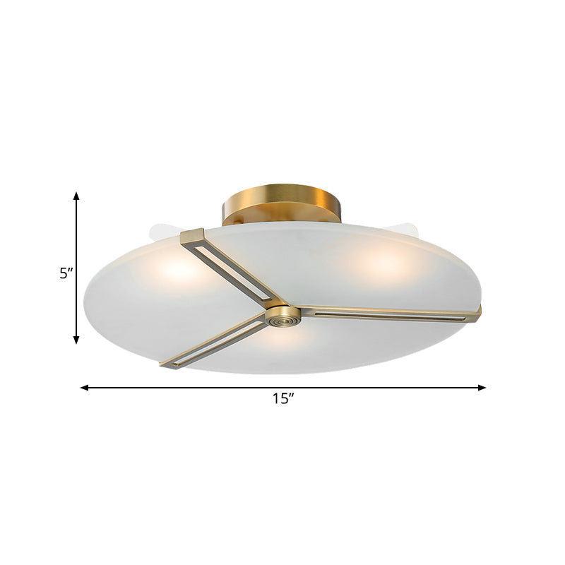 Retro Plate Frosted Glass Semi Flush 3 Bulbs Ceiling Mount Chandelier with Brass Band Clearhalo 'Ceiling Lights' 'Close To Ceiling Lights' 'Close to ceiling' 'Glass shade' 'Glass' 'Pendant Lights' 'Semi-flushmount' Lighting' 1454880