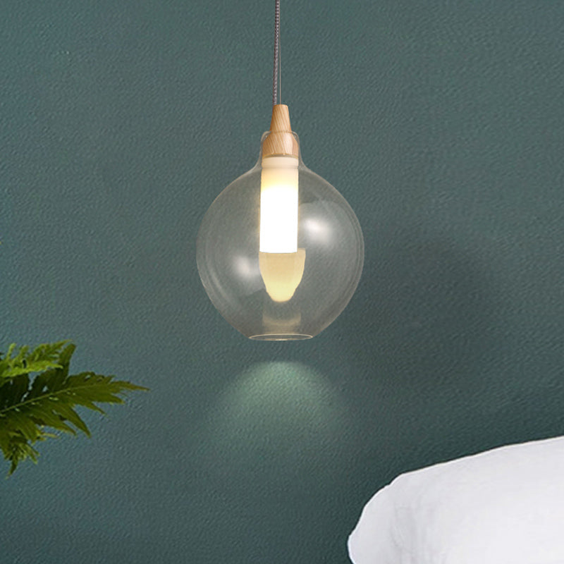Clear Glass Dual Shade Globe Drop Pendant Simplicity 1-Light Hanging Ceiling Light with Wood Seal Clearhalo 'Ceiling Lights' 'Glass shade' 'Glass' 'Modern Pendants' 'Modern' 'Pendant Lights' 'Pendants' Lighting' 1454943