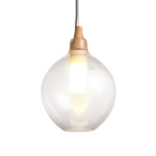 Clear Glass Dual Shade Globe Drop Pendant Simplicity 1-Light Hanging Ceiling Light with Wood Seal Clearhalo 'Ceiling Lights' 'Glass shade' 'Glass' 'Modern Pendants' 'Modern' 'Pendant Lights' 'Pendants' Lighting' 1454945
