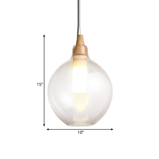 Clear Glass Dual Shade Globe Drop Pendant Simplicity 1-Light Hanging Ceiling Light with Wood Seal Clearhalo 'Ceiling Lights' 'Glass shade' 'Glass' 'Modern Pendants' 'Modern' 'Pendant Lights' 'Pendants' Lighting' 1454946