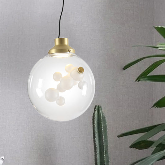 Minimalist Creative 1 Bulb Hanging Light Clear Glass Gold Long Cone/Globe Ceiling Pendant with Inner Bubble Decoration Clear Globe Clearhalo 'Ceiling Lights' 'Glass shade' 'Glass' 'Modern Pendants' 'Modern' 'Pendant Lights' 'Pendants' Lighting' 1454947