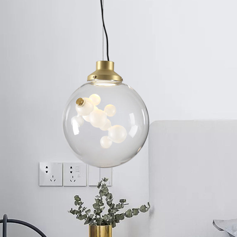 Minimalist Creative 1 Bulb Hanging Light Clear Glass Gold Long Cone/Globe Ceiling Pendant with Inner Bubble Decoration Clearhalo 'Ceiling Lights' 'Glass shade' 'Glass' 'Modern Pendants' 'Modern' 'Pendant Lights' 'Pendants' Lighting' 1454948