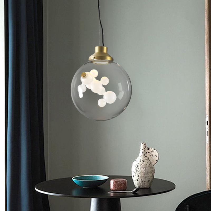 Minimalist Creative 1 Bulb Hanging Light Clear Glass Gold Long Cone/Globe Ceiling Pendant with Inner Bubble Decoration Clearhalo 'Ceiling Lights' 'Glass shade' 'Glass' 'Modern Pendants' 'Modern' 'Pendant Lights' 'Pendants' Lighting' 1454949