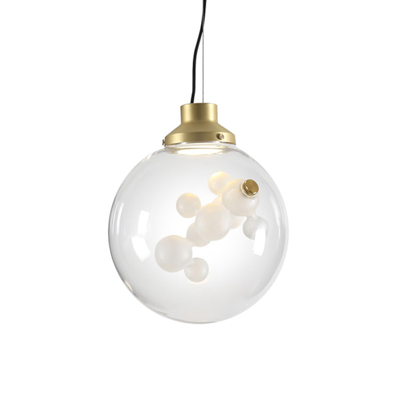 Minimalist Creative 1 Bulb Hanging Light Clear Glass Gold Long Cone/Globe Ceiling Pendant with Inner Bubble Decoration Clearhalo 'Ceiling Lights' 'Glass shade' 'Glass' 'Modern Pendants' 'Modern' 'Pendant Lights' 'Pendants' Lighting' 1454950