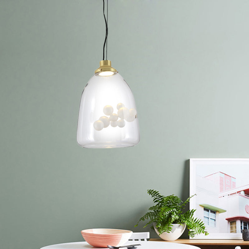 Minimalist Creative 1 Bulb Hanging Light Clear Glass Gold Long Cone/Globe Ceiling Pendant with Inner Bubble Decoration Clearhalo 'Ceiling Lights' 'Glass shade' 'Glass' 'Modern Pendants' 'Modern' 'Pendant Lights' 'Pendants' Lighting' 1454953