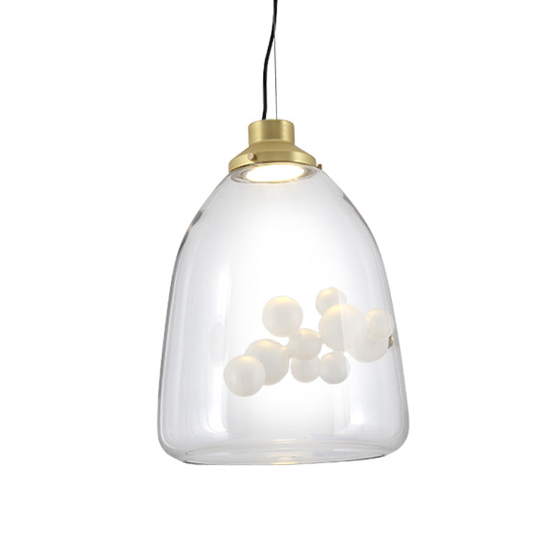 Minimalist Creative 1 Bulb Hanging Light Clear Glass Gold Long Cone/Globe Ceiling Pendant with Inner Bubble Decoration Clearhalo 'Ceiling Lights' 'Glass shade' 'Glass' 'Modern Pendants' 'Modern' 'Pendant Lights' 'Pendants' Lighting' 1454955