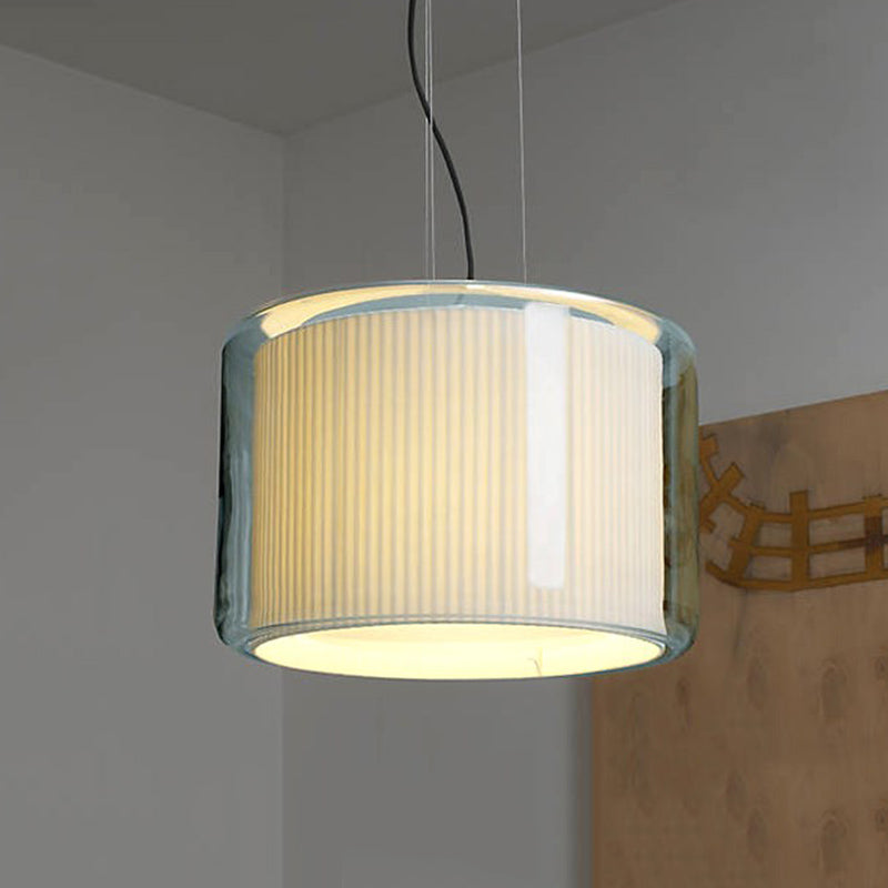 Gathered Fabric Drum Pendant Lamp Modern 1 Light Beige Pendulum Light with Exterior Transparent Glass Shade Clearhalo 'Ceiling Lights' 'Glass shade' 'Glass' 'Modern Pendants' 'Modern' 'Pendant Lights' 'Pendants' Lighting' 1454963