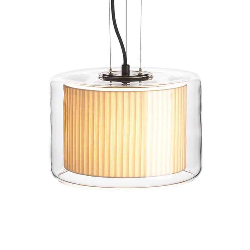 Gathered Fabric Drum Pendant Lamp Modern 1 Light Beige Pendulum Light with Exterior Transparent Glass Shade Clearhalo 'Ceiling Lights' 'Glass shade' 'Glass' 'Modern Pendants' 'Modern' 'Pendant Lights' 'Pendants' Lighting' 1454965