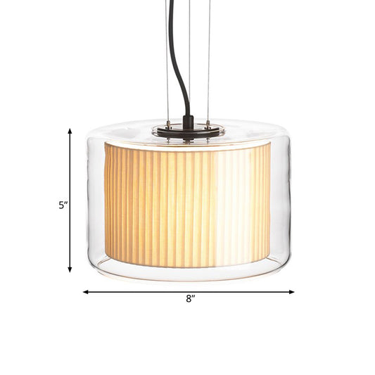 Gathered Fabric Drum Pendant Lamp Modern 1 Light Beige Pendulum Light with Exterior Transparent Glass Shade Clearhalo 'Ceiling Lights' 'Glass shade' 'Glass' 'Modern Pendants' 'Modern' 'Pendant Lights' 'Pendants' Lighting' 1454966
