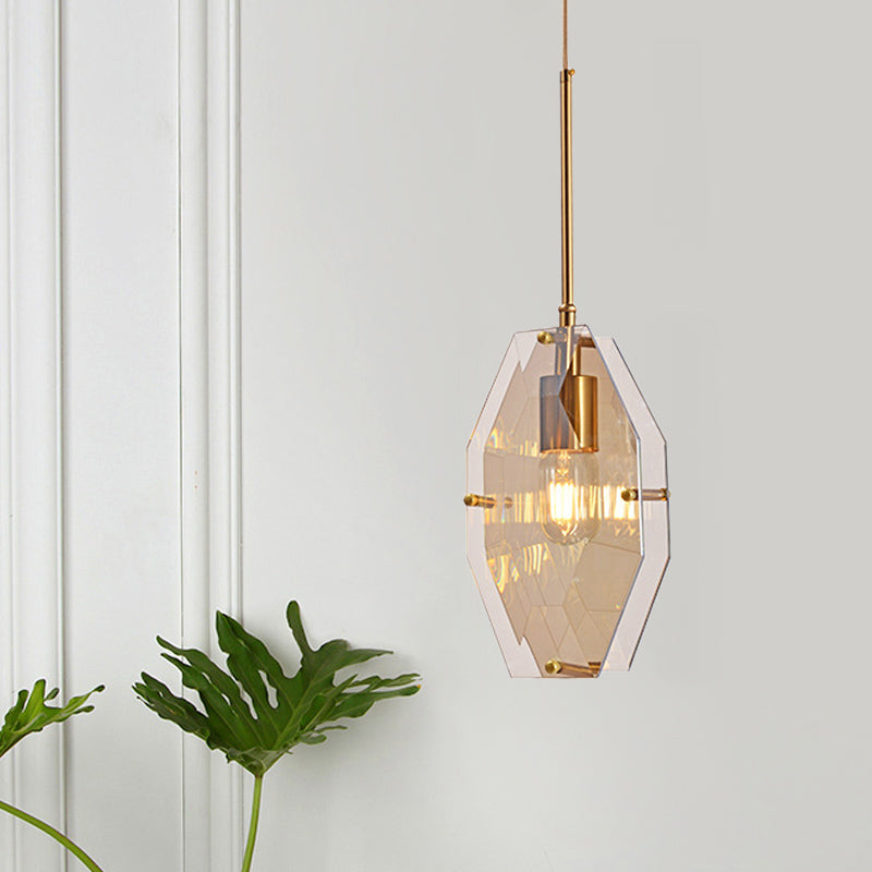 Double Diamond Sheet Ceiling Pendant Mid-Century Amber Glass 1 Bulb Bedside Hanging Light in Brass Clearhalo 'Ceiling Lights' 'Glass shade' 'Glass' 'Modern Pendants' 'Modern' 'Pendant Lights' 'Pendants' Lighting' 1454977