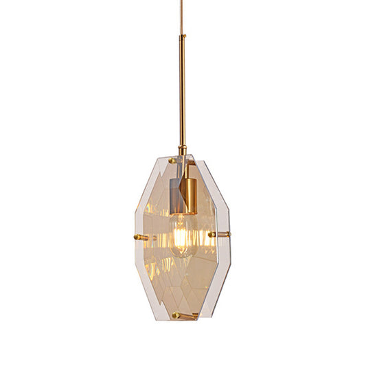 Double Diamond Sheet Ceiling Pendant Mid-Century Amber Glass 1 Bulb Bedside Hanging Light in Brass Clearhalo 'Ceiling Lights' 'Glass shade' 'Glass' 'Modern Pendants' 'Modern' 'Pendant Lights' 'Pendants' Lighting' 1454979