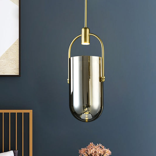 Inverted Elongated Dome Pendant Lamp Retro Novelty Smoke Grey Glass Brass LED Hanging Light with Handle Smoke Gray Clearhalo 'Ceiling Lights' 'Glass shade' 'Glass' 'Modern Pendants' 'Modern' 'Pendant Lights' 'Pendants' Lighting' 1454981