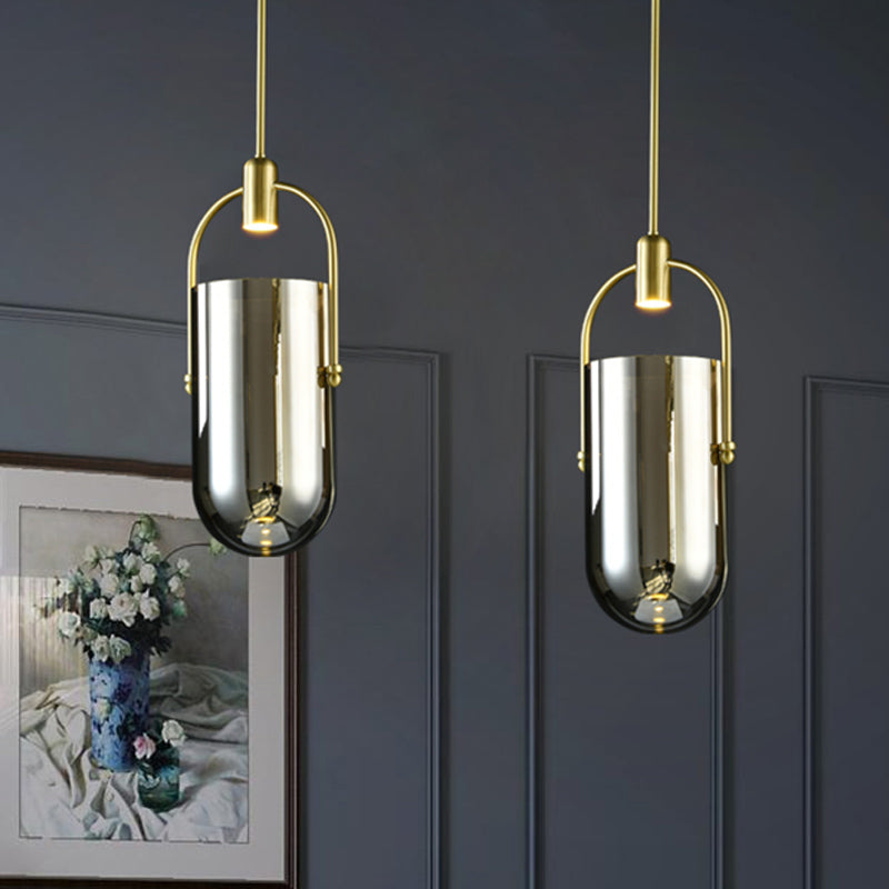 Inverted Elongated Dome Pendant Lamp Retro Novelty Smoke Grey Glass Brass LED Hanging Light with Handle Clearhalo 'Ceiling Lights' 'Glass shade' 'Glass' 'Modern Pendants' 'Modern' 'Pendant Lights' 'Pendants' Lighting' 1454982