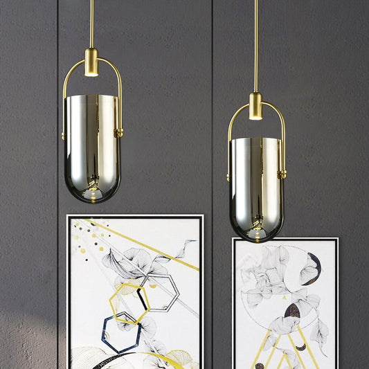 Inverted Elongated Dome Pendant Lamp Retro Novelty Smoke Grey Glass Brass LED Hanging Light with Handle Clearhalo 'Ceiling Lights' 'Glass shade' 'Glass' 'Modern Pendants' 'Modern' 'Pendant Lights' 'Pendants' Lighting' 1454983