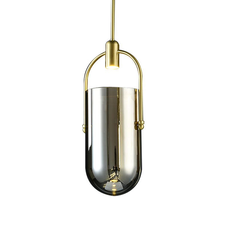 Inverted Elongated Dome Pendant Lamp Retro Novelty Smoke Grey Glass Brass LED Hanging Light with Handle Clearhalo 'Ceiling Lights' 'Glass shade' 'Glass' 'Modern Pendants' 'Modern' 'Pendant Lights' 'Pendants' Lighting' 1454984