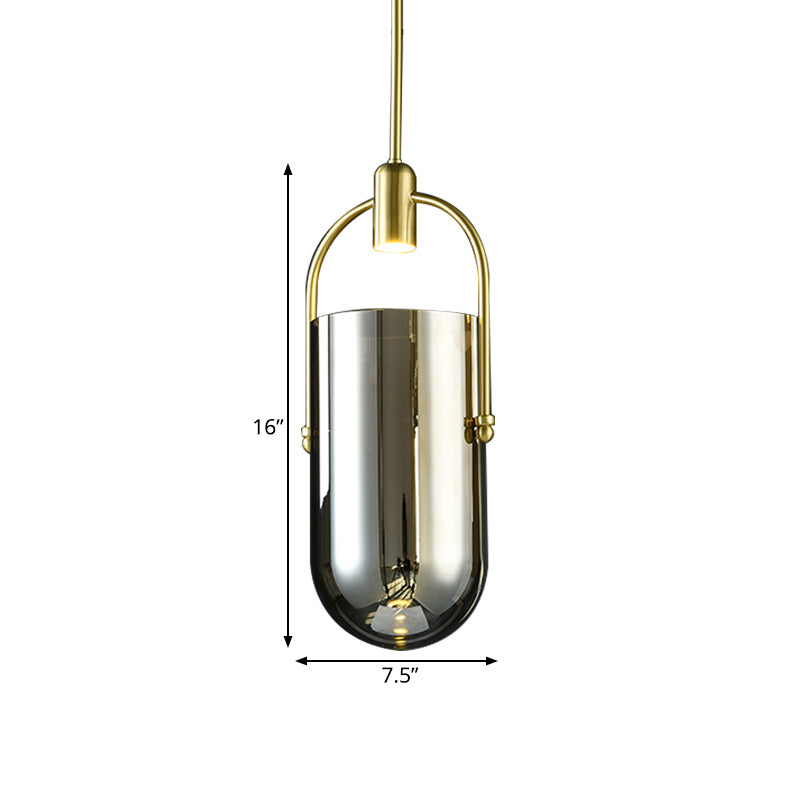 Inverted Elongated Dome Pendant Lamp Retro Novelty Smoke Grey Glass Brass LED Hanging Light with Handle Clearhalo 'Ceiling Lights' 'Glass shade' 'Glass' 'Modern Pendants' 'Modern' 'Pendant Lights' 'Pendants' Lighting' 1454985