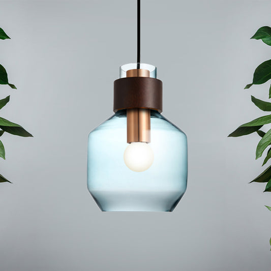 Blue Glass Bottle Pendulum Light Retro Style Single Hanging Pendant Light with Wood Ring Lock Blue Clearhalo 'Ceiling Lights' 'Glass shade' 'Glass' 'Modern Pendants' 'Modern' 'Pendant Lights' 'Pendants' Lighting' 1454995