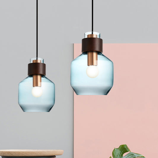 Blue Glass Bottle Pendulum Light Retro Style Single Hanging Pendant Light with Wood Ring Lock Clearhalo 'Ceiling Lights' 'Glass shade' 'Glass' 'Modern Pendants' 'Modern' 'Pendant Lights' 'Pendants' Lighting' 1454996