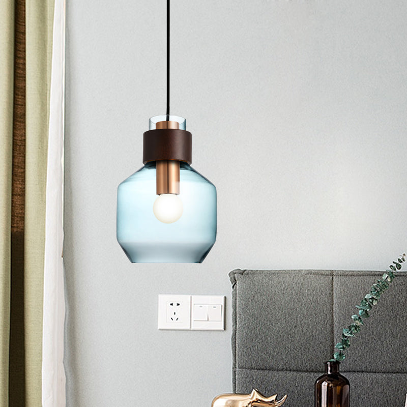 Blue Glass Bottle Pendulum Light Retro Style Single Hanging Pendant Light with Wood Ring Lock Clearhalo 'Ceiling Lights' 'Glass shade' 'Glass' 'Modern Pendants' 'Modern' 'Pendant Lights' 'Pendants' Lighting' 1454997