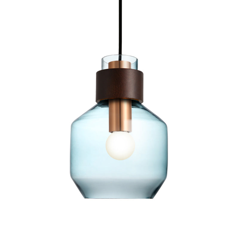 Blue Glass Bottle Pendulum Light Retro Style Single Hanging Pendant Light with Wood Ring Lock Clearhalo 'Ceiling Lights' 'Glass shade' 'Glass' 'Modern Pendants' 'Modern' 'Pendant Lights' 'Pendants' Lighting' 1454998