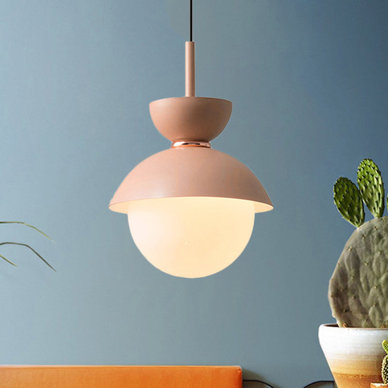 Pink Bowl Pendant Lighting Macaron 1 Light Iron Hanging Lamp Kit with Frosted Glass Diffuser Pink Clearhalo 'Ceiling Lights' 'Glass shade' 'Glass' 'Modern Pendants' 'Modern' 'Pendant Lights' 'Pendants' Lighting' 1455000