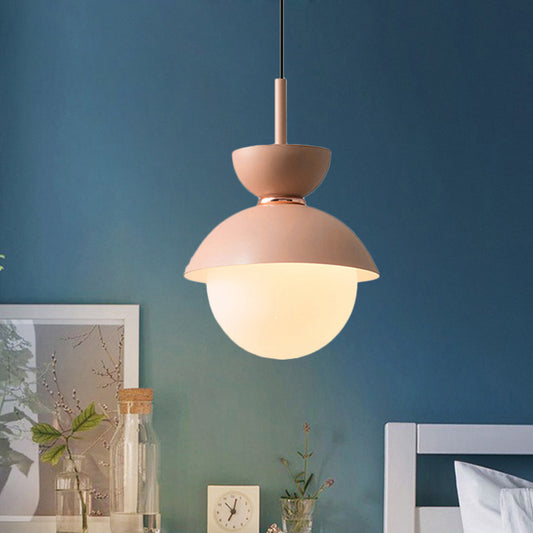 Pink Bowl Pendant Lighting Macaron 1 Light Iron Hanging Lamp Kit with Frosted Glass Diffuser Clearhalo 'Ceiling Lights' 'Glass shade' 'Glass' 'Modern Pendants' 'Modern' 'Pendant Lights' 'Pendants' Lighting' 1455001