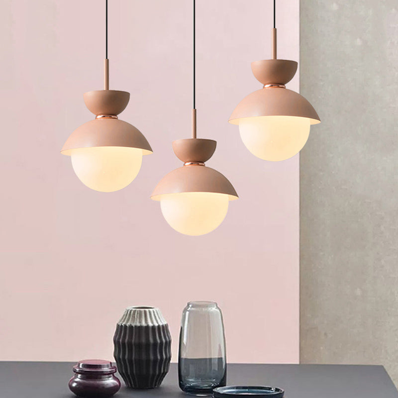 Pink Bowl Pendant Lighting Macaron 1 Light Iron Hanging Lamp Kit with Frosted Glass Diffuser Clearhalo 'Ceiling Lights' 'Glass shade' 'Glass' 'Modern Pendants' 'Modern' 'Pendant Lights' 'Pendants' Lighting' 1455002