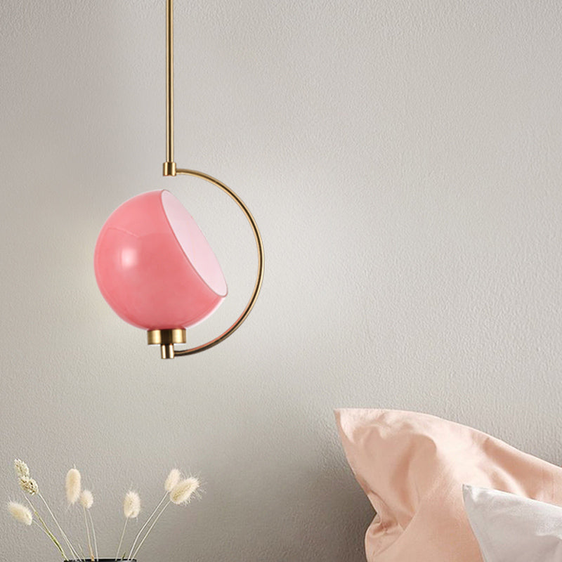 Hemispherical Hanging Light Kit Macaron Pink Hand Blown Glass 1 Head Bedside Drop Pendant with Curved Arm Pink Clearhalo 'Ceiling Lights' 'Modern Pendants' 'Modern' 'Pendant Lights' 'Pendants' Lighting' 1455005