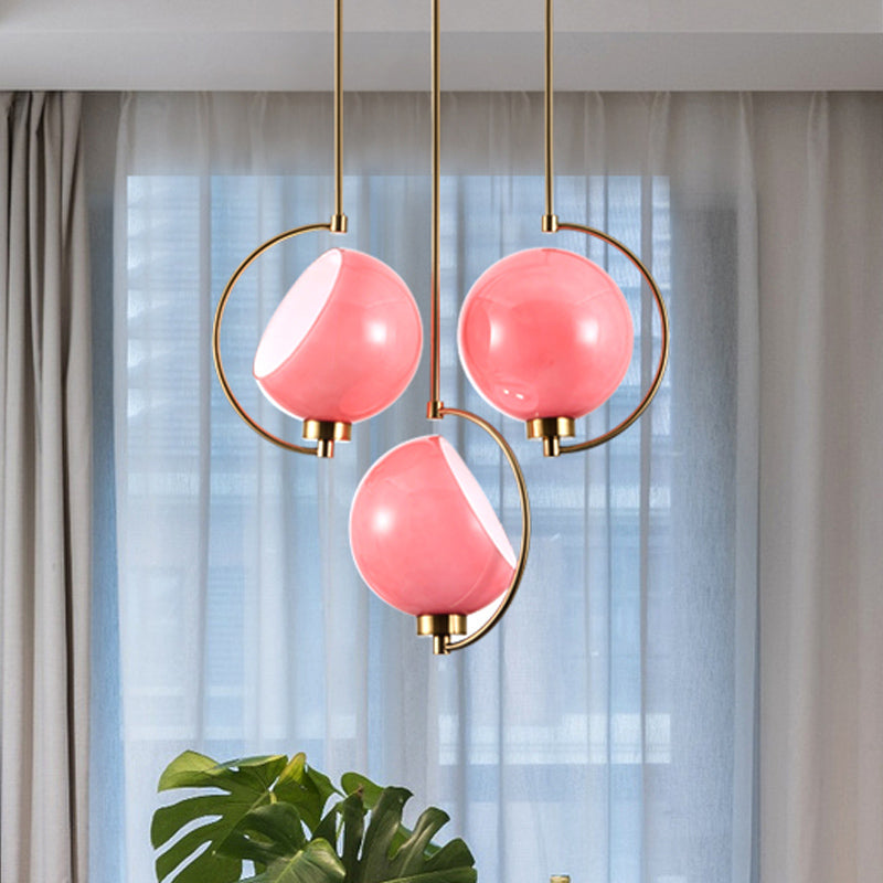Hemispherical Hanging Light Kit Macaron Pink Hand Blown Glass 1 Head Bedside Drop Pendant with Curved Arm Clearhalo 'Ceiling Lights' 'Modern Pendants' 'Modern' 'Pendant Lights' 'Pendants' Lighting' 1455006