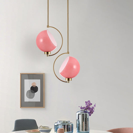 Hemispherical Hanging Light Kit Macaron Pink Hand Blown Glass 1 Head Bedside Drop Pendant with Curved Arm Clearhalo 'Ceiling Lights' 'Modern Pendants' 'Modern' 'Pendant Lights' 'Pendants' Lighting' 1455007