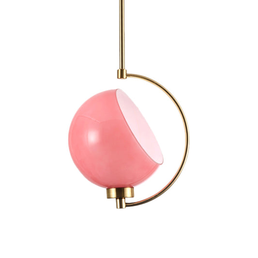 Hemispherical Hanging Light Kit Macaron Pink Hand Blown Glass 1 Head Bedside Drop Pendant with Curved Arm Clearhalo 'Ceiling Lights' 'Modern Pendants' 'Modern' 'Pendant Lights' 'Pendants' Lighting' 1455008