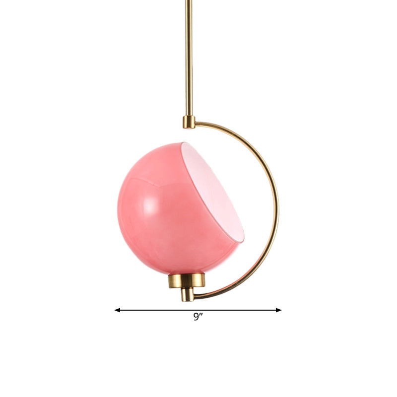 Hemispherical Hanging Light Kit Macaron Pink Hand Blown Glass 1 Head Bedside Drop Pendant with Curved Arm Clearhalo 'Ceiling Lights' 'Modern Pendants' 'Modern' 'Pendant Lights' 'Pendants' Lighting' 1455009