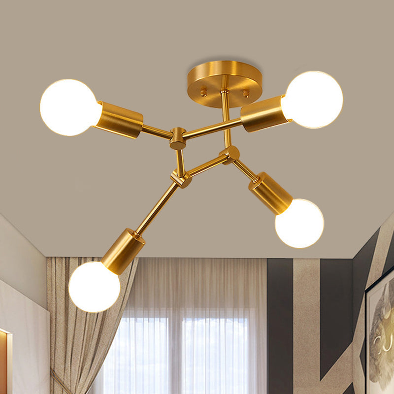 Rotating Molecule Exposed Ceiling Flush Postmodern Metal 3/4-Light Corridor Semi Mount Lighting in Brass 4 Brass Clearhalo 'Ceiling Lights' 'Close To Ceiling Lights' 'Close to ceiling' 'Semi-flushmount' Lighting' 1455097